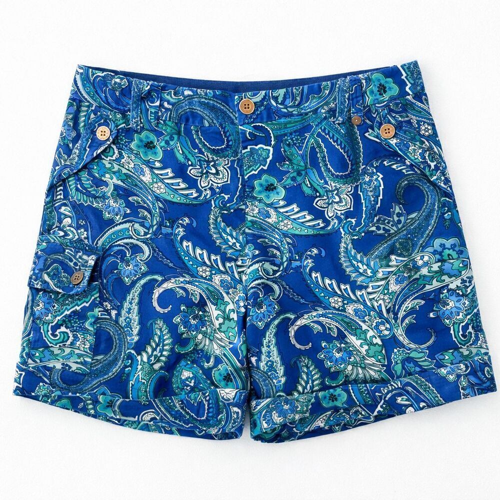 Ralph Lauren Women's Shorts Size 12 Blue Paisley Print Pockets Cotton Preppy